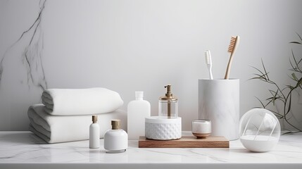Fototapeta na wymiar white bathroom items and accessories on a marble table minimalist interior Generative