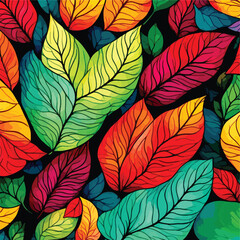 Extraordinary and lovely pattern of rainbow-colored abstract leaves that is hand-drawn