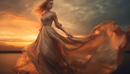One young woman dances in the sunset, exuding elegance and sensuality generated by AI