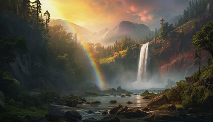 Majestic mountain range with green trees, flowing water, and sunset generated by AI