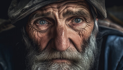 Serious senior man with gray beard staring at camera outdoors generated by AI