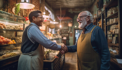 Two senior men, owners of a small business, smiling in workshop generated by AI