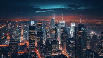 Modern city skyline illuminated by multi colored lighting equipment at dusk generated by AI