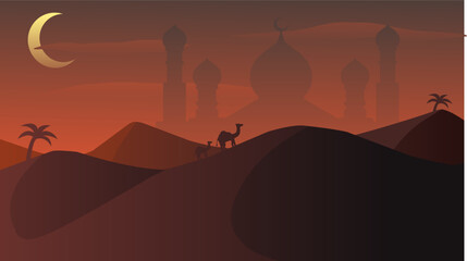 Islamic landscape vector illustration. Mosque landscape with desert and sandstorm. Background landscape for islam religion and muslim faith. Wallpaper of design mountain with mosque silhouette