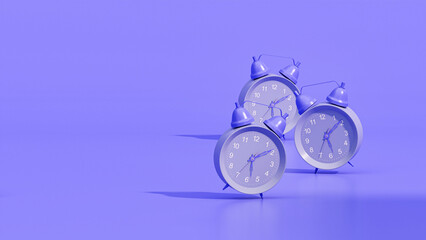 Purple alarm clock on table. Alarm at 06.00. Tile pastel Purple color background with clipping path and copy space for your text. Back To School. 3d render.