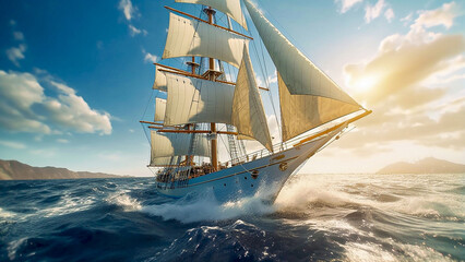 Fototapeta premium Yacht with sails on the high seas. Generative AI