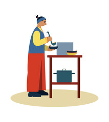 Active female prepare hot meal as charity on kitchen. Food donation for people in need. Volunteer kitchen, aid and assistance. Flat vector illustration in blue and yellow colors