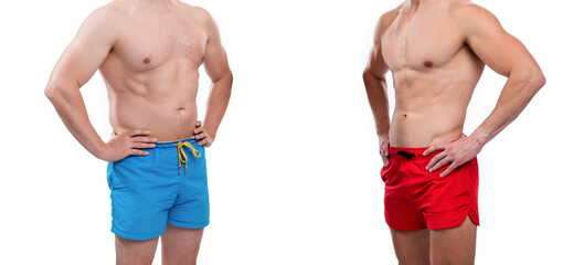 men with diet and sport for body comparison, copy space. photo of diet and sport