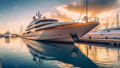 Fototapeta na wymiar Luxury yacht sails at dusk, reflecting wealth and nature beauty generated by AI