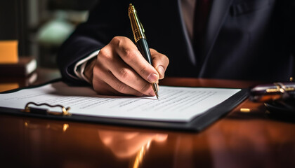 Businessman signing contract at desk with pen and document generated by AI