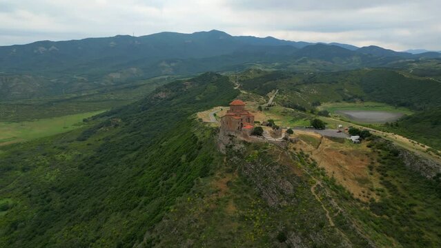 ancient christian monastery in mtskheta mountains, view from a flying drone - stock video georgia