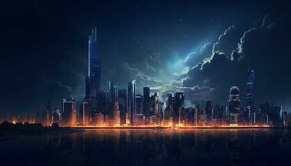 Fototapeta na wymiar Futuristic skyscrapers illuminate the modern city skyline at dusk generated by AI