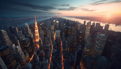 Obraz premium Multi colored skyline illuminates modern city life in high angle view generated by AI