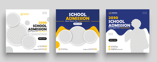 School admission social media post banner design. Back-to-school social media post banner design set. minimalist Back to school admission promotion banner. Back to school banner design ad
