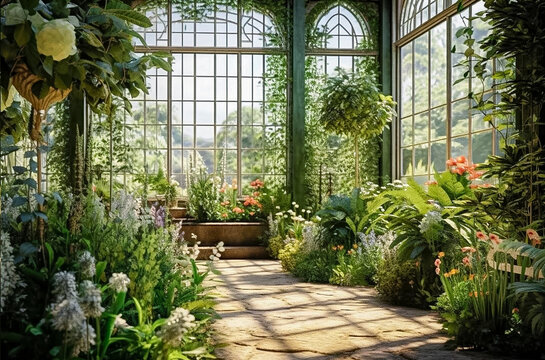 Greenhouse of green plants and flowers. Generative AI