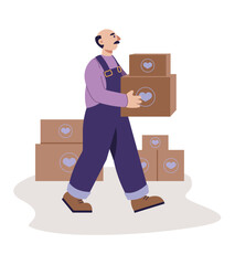 Adult man in uniform holding boxes with humanitarian aid for people in poverty. Help and support to people in need. Social voluntary. Flat vector illustration in purple colors