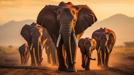 Fototapeta na wymiar A family or herd of African Elephants march in a line toward