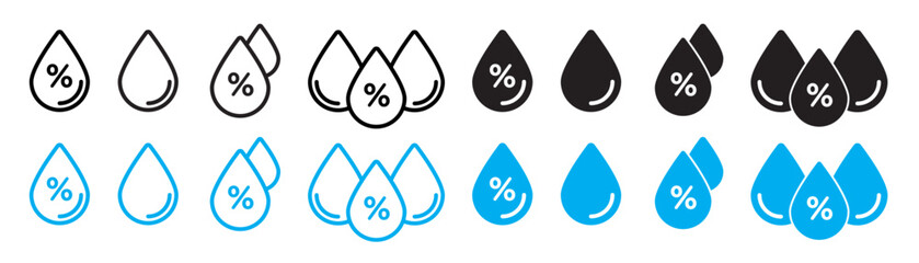 Air humidity icon set in black and blue color. Humidity water drop with percentage sign. - obrazy, fototapety, plakaty