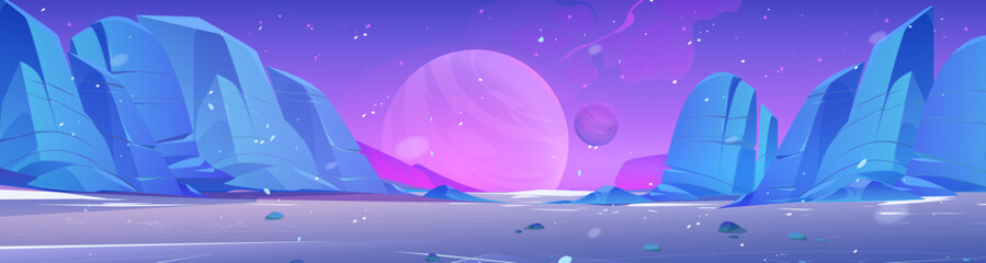 Alien planet desert with rocky stones. Vector cartoon illustration of fantasy space landscape in pink and blue color, cosmic dust particles flying in air. Cosmos exploration, adventure game background © klyaksun