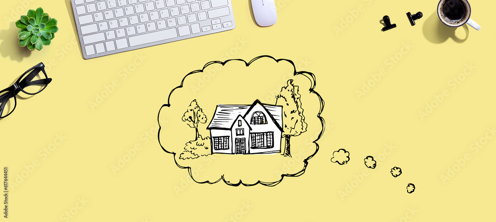 Poster dreaming of new home with a computer keyboard and a mouse