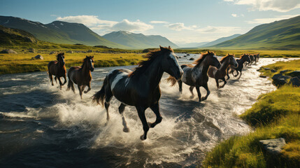 Fototapeta na wymiar Aerial of Icelandic horses running in the countryside