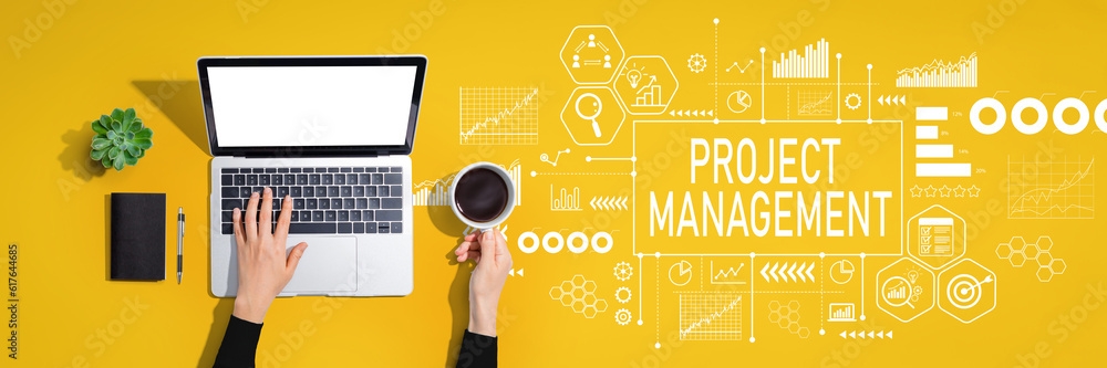 Poster project management theme with person using a laptop computer
