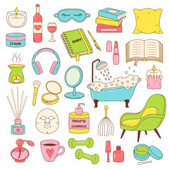 Me Time, relax, self care cartoon doodle set. Color line icons of hygge items.
