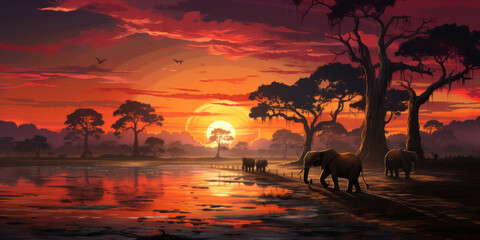 Naklejka na ściany i meble Illustration, African sunset panoramic background with silhouette of the animals
