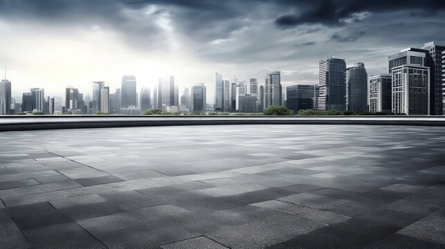 Concrete road with city skyline commercial building background, illustration for product presentation template, copy space wallpaper. © Roni