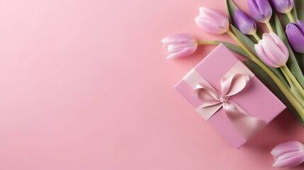 Fototapeta na wymiar Top view photo of trendy gift boxes with ribbon bows and tulips, illustration for product presentation template, copy space. 
