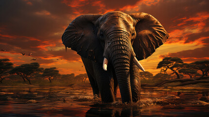 Giant Male elephant at sunset