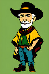 Cartoon illustration of an old cowboy wearing a poncho and cowboy hat. (AI-generated fictional illustration)

