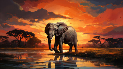 Fototapeta na wymiar Giant Male elephant at sunset