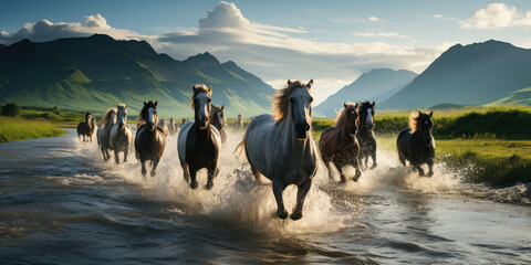 Beautiful white horses running on the water against the background - obrazy, fototapety, plakaty