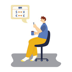 Man holding mobile phone, checking currency. Transactions and exchange with e-wallet. Cashless service, currency and online banking concept. Vector flat illustration in yellow and blue colors