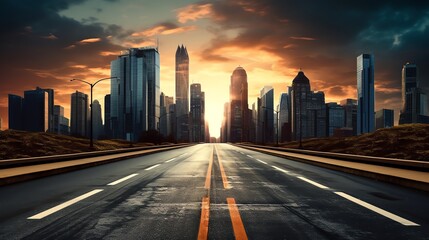 Obraz premium Straight asphalt road and modern city skyline with building background, illustration for product presentation template, copy space.