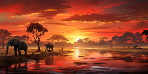Fototapeta na wymiar Illustration, African sunset panoramic background with silhouette of the animals