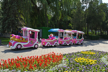 Steam train  (transport) for children and adults in Oak Park. Bishkek, Kyrgyzstan