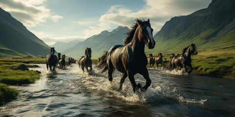 Herd of horses galloping across the river. Running through the water - obrazy, fototapety, plakaty