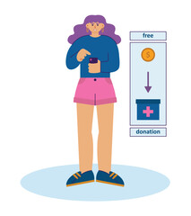 Young lady holding mobile phone, put coin in donation jar, making donations online. Aid, assistance and help concept. Charity and hope. Flat vector illustration in purple colors