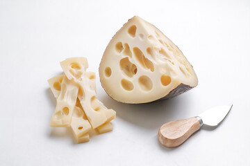 Emmental cheese triangle, Swiss cheese, isolated on white background. High resolution image