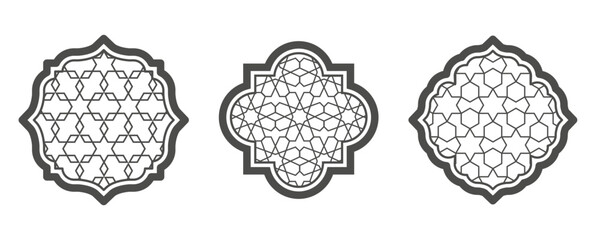 Ramadan window with pattern. Arabic architecture vector shape in mosque. Arabesque arch frame with ornament.