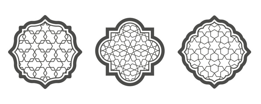 Ramadan window with pattern. Arabic architecture vector shape in mosque. Arabesque arch frame with ornament.