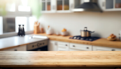 Fototapeta na wymiar kitchen interior. Wood table top on blurred kitchen background, design, room, sink, table, AI generated 
