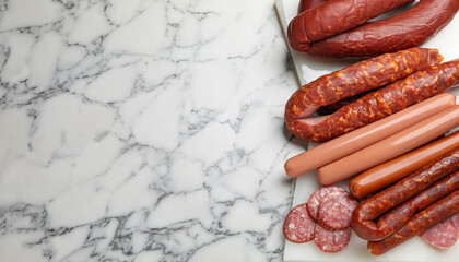 Different types of sausages on white marble table, above view. Space for text