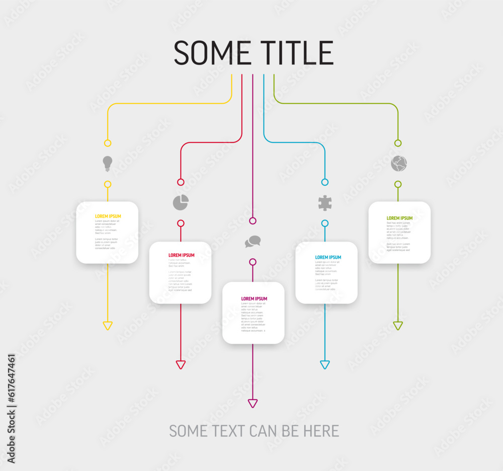 Poster light five content block template with white square cards colorful lines icons and description