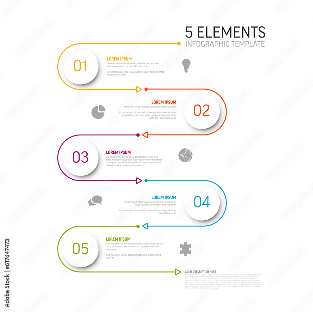 Aufkleber light five white circle steps template with colorful borders icons and description