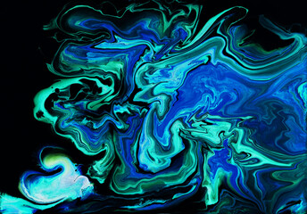 Chaotic blue and black waves. Abstract hand painted acrylic texture. Fluid art.