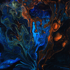 Chaotic blue and orange luminescent waves. Abstract hand painted acrylic texture. Fluid art.