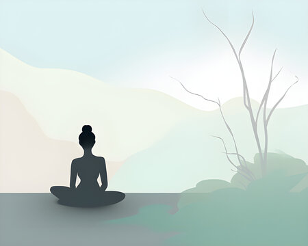 A minimalist design featuring a serene silhouette of a person sitting cross-legged in meditation. The color palette consists of soft blues and greens, representing tranquility and harmony.